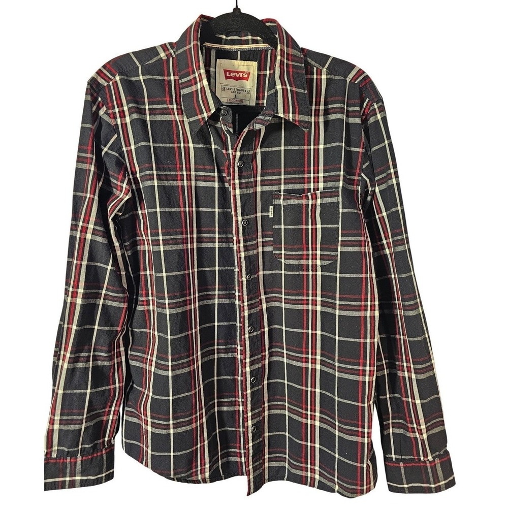 Levis Modern Mens Large Black Red Plaid Long Sleeve Button Down Shirt Med